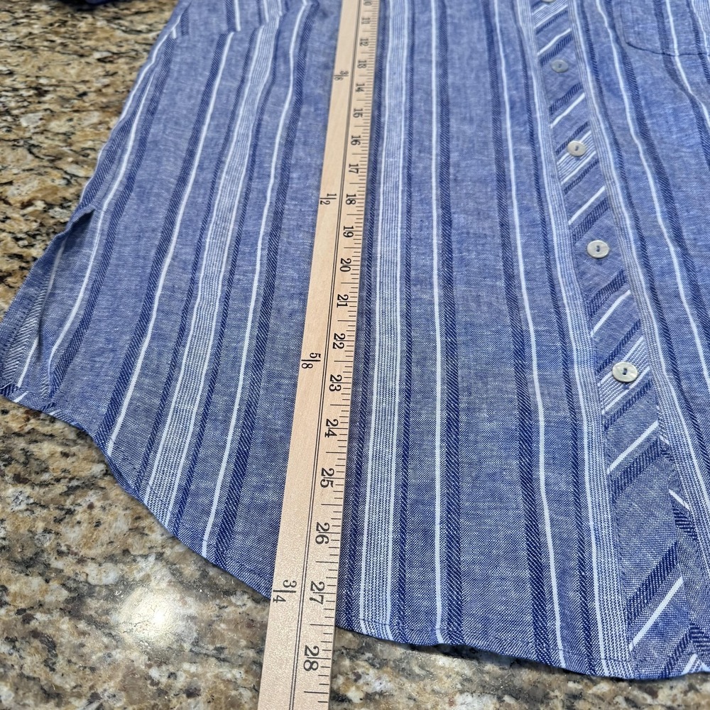 Susan Graver Shirt Womens Petite Large Blue Stripe Linen Button Long Sleeve - Picture 5 of 8